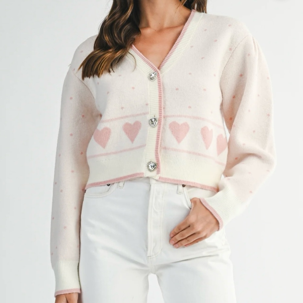 MABLE Cream and Pink Heart Cardigan Sweater